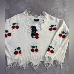 Chic Cherry V-Neck Sweater - White